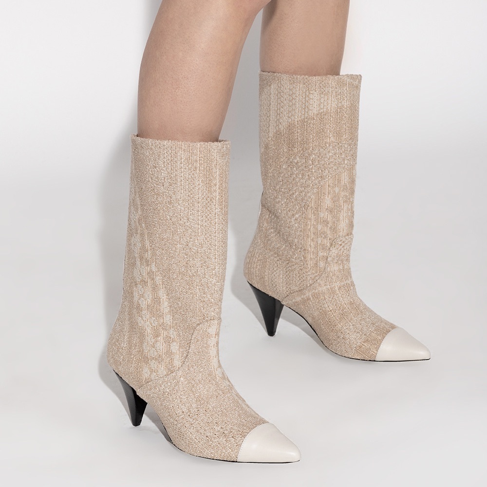 IRO Beige Knit Mid-Calf Heeled Boots with Cream Toe Cap